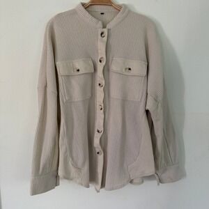 Cream Waffle Knit Mixed Media Button Down Shacket Band Collar Beige Large